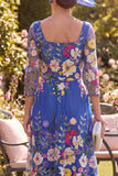 Vestido Midi Midi Mãe da Noiva azul real com decote quadrado e decote quadrado