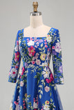 Vestido Midi Midi Mãe da Noiva azul real com decote quadrado e decote quadrado