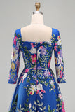 Vestido Midi Midi Mãe da Noiva azul real com decote quadrado e decote quadrado