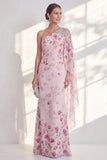 Vestido Longo de Mãe da Noiva de Chiffon de um ombro lilás, com capa lateral