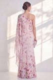 Vestido Longo de Mãe da Noiva de Chiffon de um ombro lilás, com capa lateral
