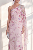 Vestido Longo de Mãe da Noiva de Chiffon de um ombro lilás, com capa lateral