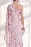 Vestido Longo de Mãe da Noiva de Chiffon de um ombro lilás, com capa lateral