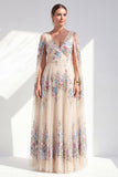 Vestido de Mãe da Noiva, floral champanhe plissado em V, decote em V e mangas compridas