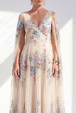Vestido de Mãe da Noiva, floral champanhe plissado em V, decote em V e mangas compridas