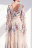 Vestido de Mãe da Noiva, floral champanhe plissado em V, decote em V e mangas compridas