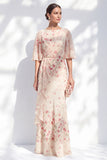 Vestido Azul Floral Bateau de Chiffon Sheath Long Mother Of the Bride com mangas meias