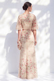 Vestido Azul Floral Bateau de Chiffon Sheath Long Mother Of the Bride com mangas meias