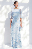 Vestido Azul Floral Bateau de Chiffon Sheath Long Mother Of the Bride com mangas meias