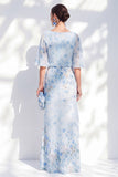 Vestido Azul Floral Bateau de Chiffon Sheath Long Mother Of the Bride com mangas meias