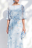 Vestido Azul Floral Bateau de Chiffon Sheath Long Mother Of the Bride com mangas meias