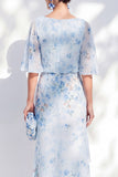 Vestido Azul Floral Bateau de Chiffon Sheath Long Mother Of the Bride com mangas meias