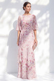 Vestido Azul Floral Bateau de Chiffon Sheath Long Mother Of the Bride com mangas meias