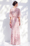 Vestido Azul Floral Bateau de Chiffon Sheath Long Mother Of the Bride com mangas meias