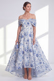 Vestido de Mãe da Noiva Flor Azul A-Line A-Line A-Shoulder Up Low Low