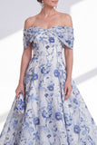 Vestido de Mãe da Noiva Flor Azul A-Line A-Line A-Shoulder Up Low Low