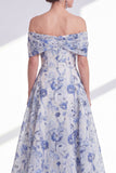 Vestido de Mãe da Noiva Flor Azul A-Line A-Line A-Shoulder Up Low Low