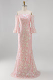 Vestido formal de sereia bordado com blush brilhante e lantejoulas, bordado nos ombros, com mangas 3/4