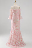 Vestido formal de sereia bordado com blush brilhante e lantejoulas, bordado nos ombros, com mangas 3/4