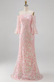Vestido formal de sereia bordado com blush brilhante e lantejoulas, bordado nos ombros, com mangas 3/4