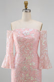 Vestido formal de sereia bordado com blush brilhante e lantejoulas, bordado nos ombros, com mangas 3/4