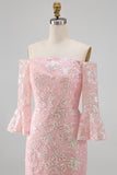 Vestido formal de sereia bordado com blush brilhante e lantejoulas, bordado nos ombros, com mangas 3/4