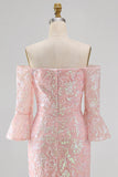 Vestido formal de sereia bordado com blush brilhante e lantejoulas, bordado nos ombros, com mangas 3/4