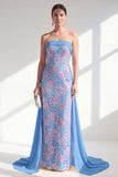 Vestido Longo de Mãe da Noiva com Capa Azul Sereia Brilhante