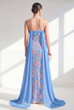 Vestido Longo de Mãe da Noiva com Capa Azul Sereia Brilhante