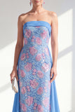Vestido Longo de Mãe da Noiva com Capa Azul Sereia Brilhante