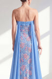 Vestido Longo de Mãe da Noiva com Capa Azul Sereia Brilhante