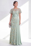 Vestido Longo com Decote Redondo e Apliques Verde para a Mãe da Noiva