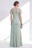 Vestido Longo com Decote Redondo e Apliques Verde para a Mãe da Noiva