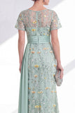 Vestido Longo com Decote Redondo e Apliques Verde para a Mãe da Noiva