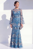 Vestido longo de mãe da noiva com gola redonda e sereia de gola redonda com decote redondo