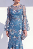 Vestido longo de mãe da noiva com gola redonda e sereia de gola redonda com decote redondo