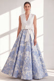 Vestido Azul A-Line V-Neck Long Mother Of the Bride com laço