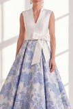 Vestido Azul A-Line V-Neck Long Mother Of the Bride com laço