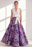 Vestido Azul A-Line V-Neck Long Mother Of the Bride com laço