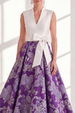 Vestido Azul A-Line V-Neck Long Mother Of the Bride com laço