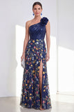 Vestido longo floral de mãe da noiva em linha A-Line Navy brilhante de um ombro Floral Long Mother Of the Bride