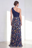 Vestido longo floral de mãe da noiva em linha A-Line Navy brilhante de um ombro Floral Long Mother Of the Bride