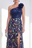 Vestido longo floral de mãe da noiva em linha A-Line Navy brilhante de um ombro Floral Long Mother Of the Bride