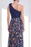 Vestido longo floral de mãe da noiva em linha A-Line Navy brilhante de um ombro Floral Long Mother Of the Bride