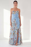 Vestido azul A-Line Floral Floral Long Mother Of the Bride com fenda