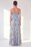 Vestido azul A-Line Floral Floral Long Mother Of the Bride com fenda