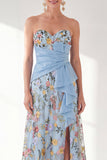 Vestido azul A-Line Floral Floral Long Mother Of the Bride com fenda