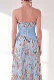 Vestido azul A-Line Floral Floral Long Mother Of the Bride com fenda