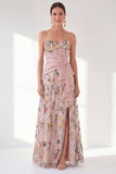 Vestido azul A-Line Floral Floral Long Mother Of the Bride com fenda