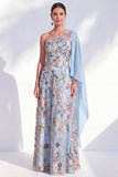 Vestido azul A-Line de um ombro floral longo de mãe da noiva com capa lateral